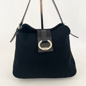 BURBERRY Blue Label Shoulder Satchel Bag Black Canvas Fabric